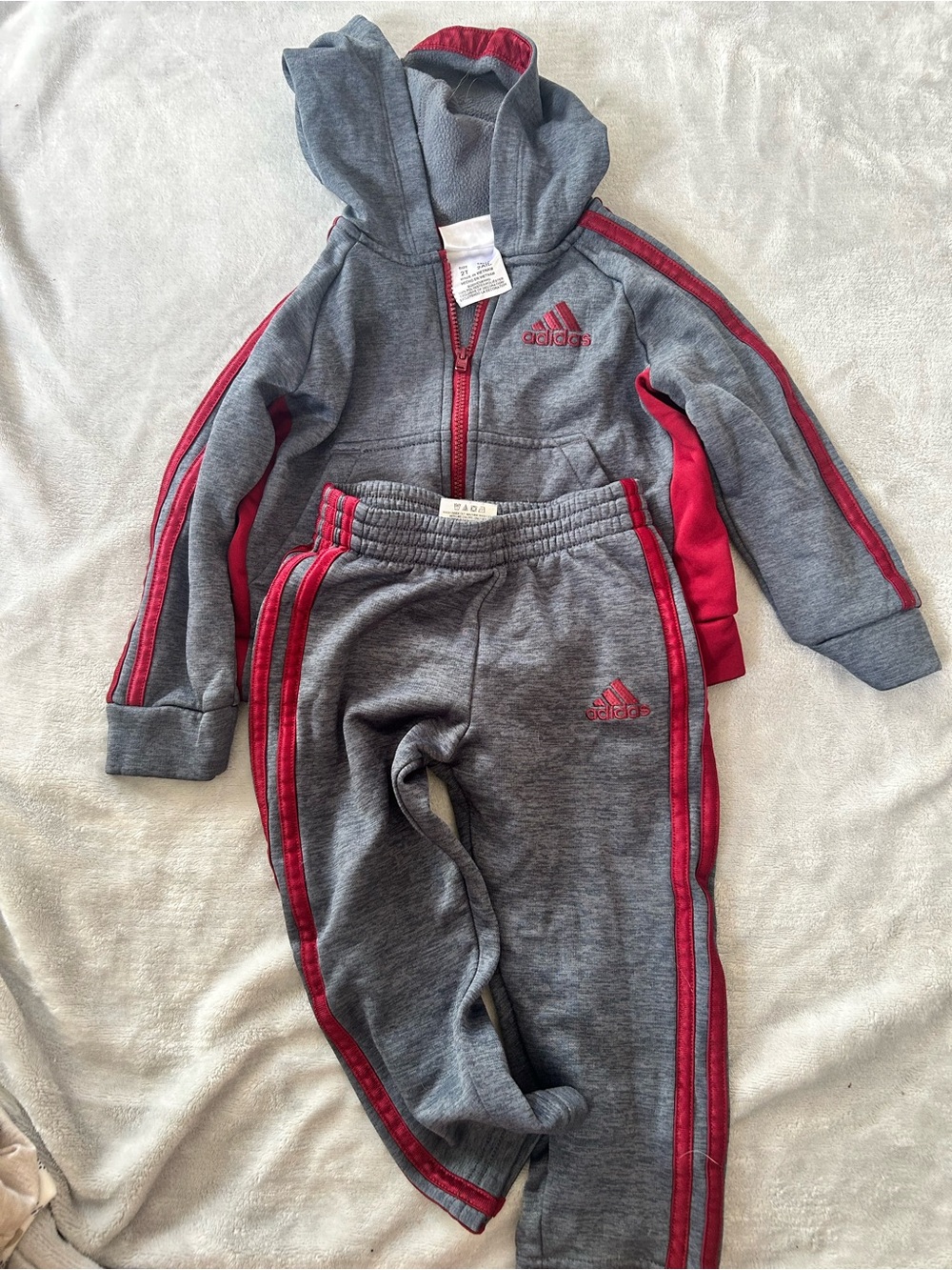 adidas Kids Gray and Red Hoodie & Joggers Set